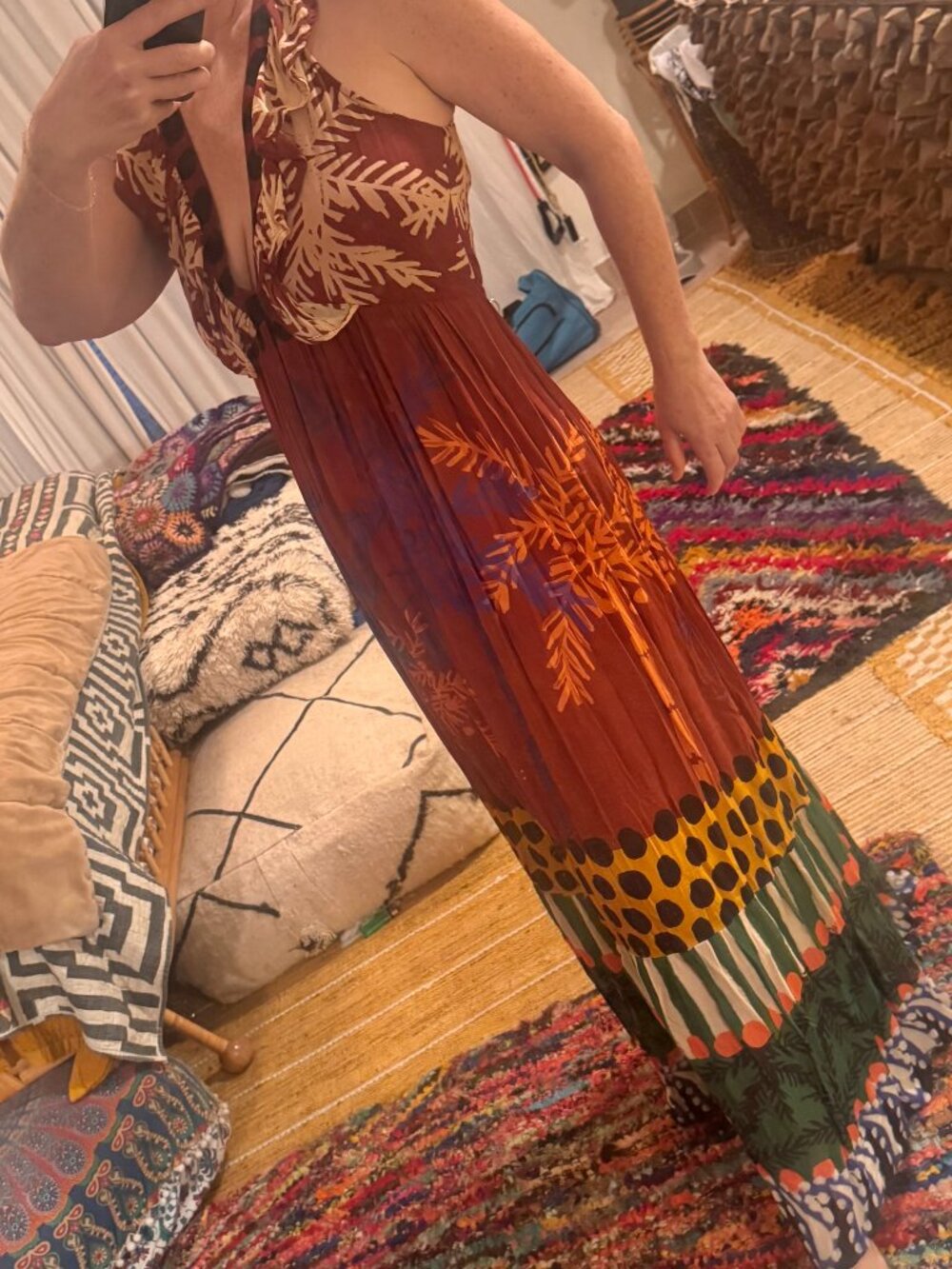 Oliphant Deep V Ruffled Halter Maxi dress Size XL